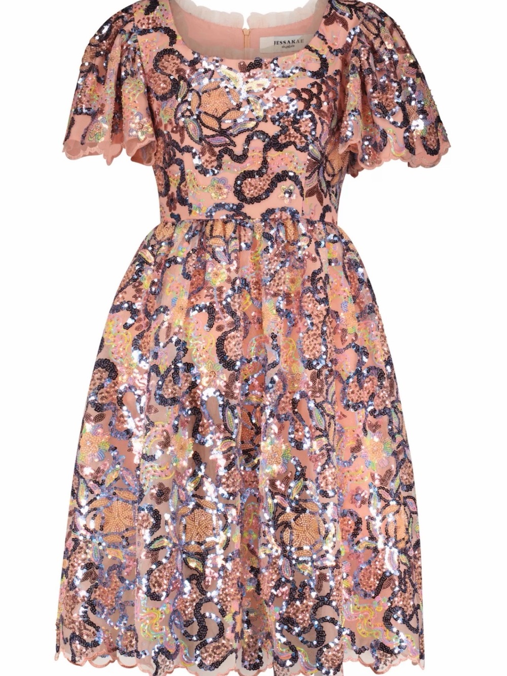JessaKae Decadence Sequin Beaded Midi Dress Pink Floral Scalloped XS